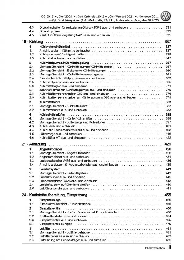 VW Golf 8 CD ab 2019 4-Zyl. 1,4l Benzinmotor 125-150 PS Reparaturanleitung PDF