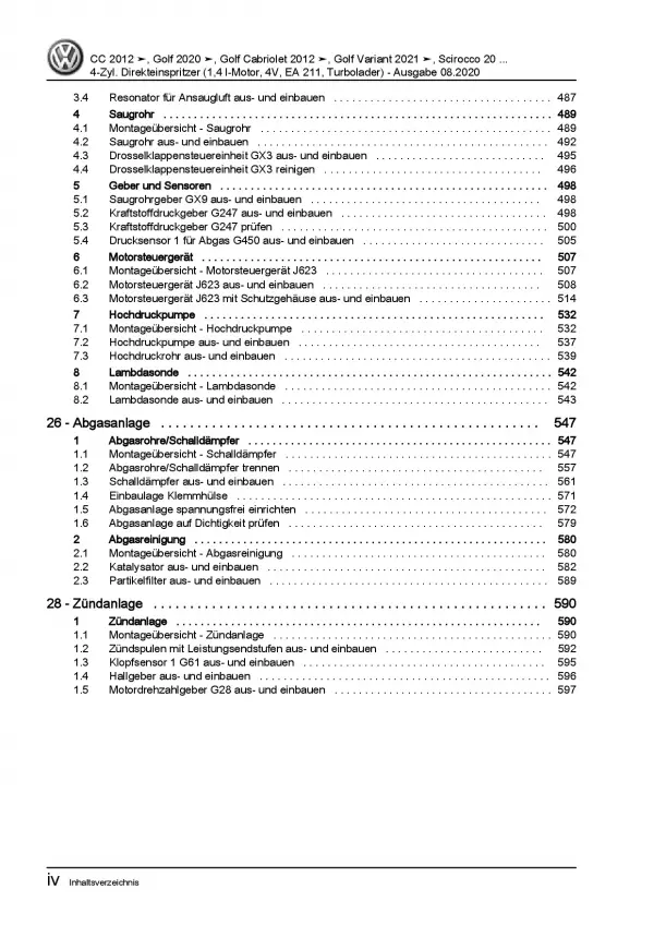 VW Golf 8 CD ab 2019 4-Zyl. 1,4l Benzinmotor 125-150 PS Reparaturanleitung PDF