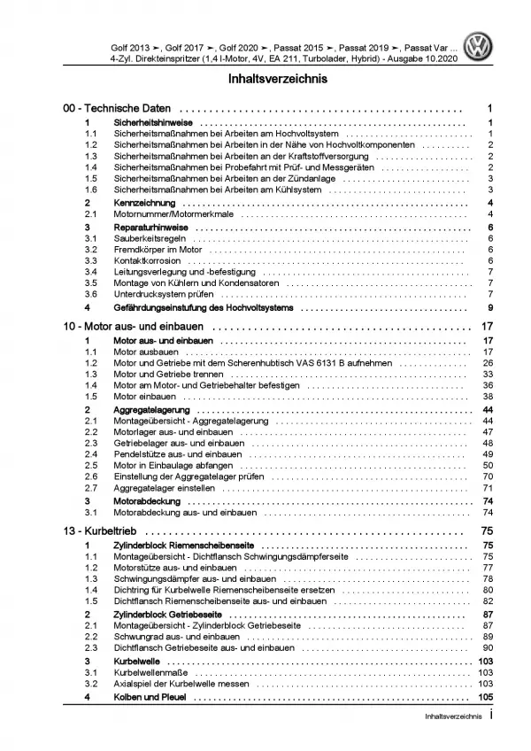 VW Golf 8 CD ab 2019 4-Zyl. 1,4l Benzinmotor 150-156 PS Reparaturanleitung PDF