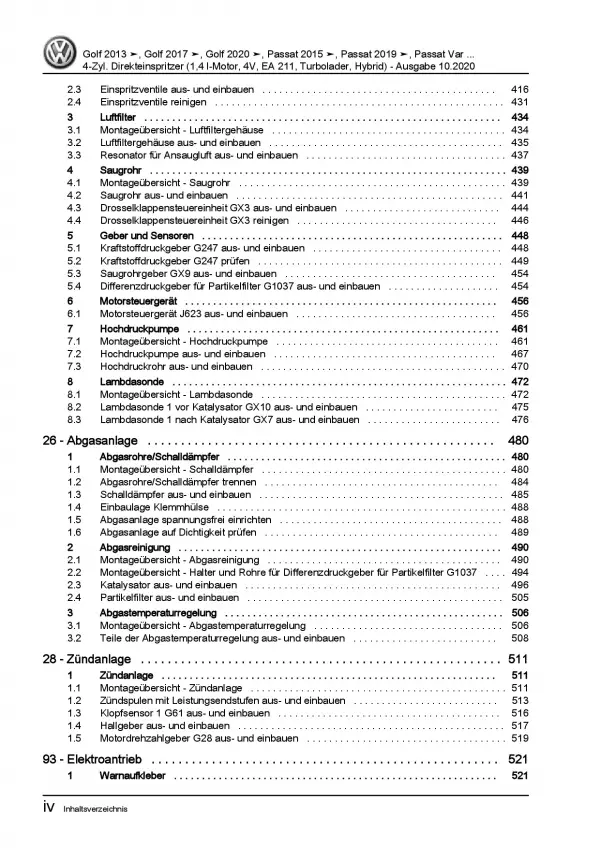 VW Golf 8 CD ab 2019 4-Zyl. 1,4l Benzinmotor 150-156 PS Reparaturanleitung PDF