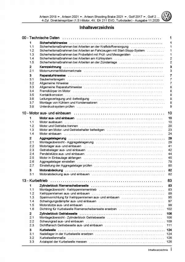 VW Golf 8 CD ab 2019 4-Zyl. 1,5l Benzinmotor 130-150 PS Reparaturanleitung PDF