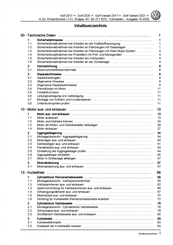 VW Golf 8 Typ CD ab 2019 4-Zyl. 1,5l Benzinmotor 130 PS Reparaturanleitung PDF