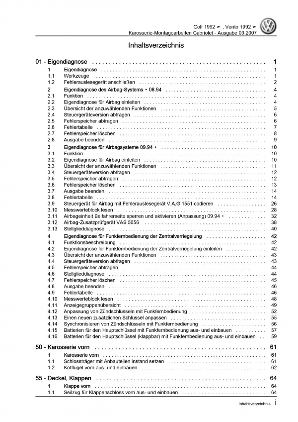 VW Golf 3 Cabrio 1E/1V (93-98) Karosseriearbeiten Innen Außen Reparaturanleitung