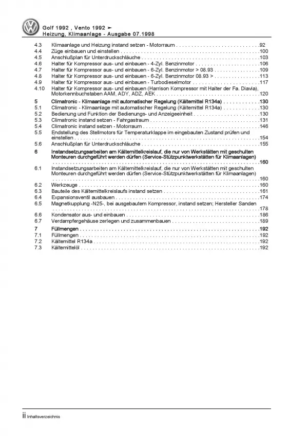 VW Golf 3 Cabrio 1E/1V (93-98) Heizung Belüftung Klimaanlage Reparaturanleitung