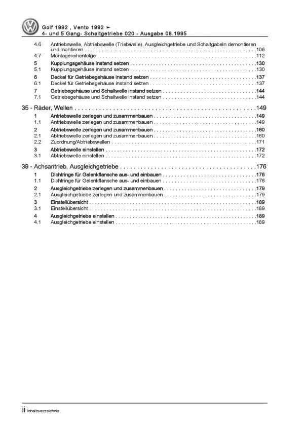 VW Golf 3 Cabrio 1E/1V (93-98) 4-5 Gang Schaltgetriebe 020 Reparaturanleitung