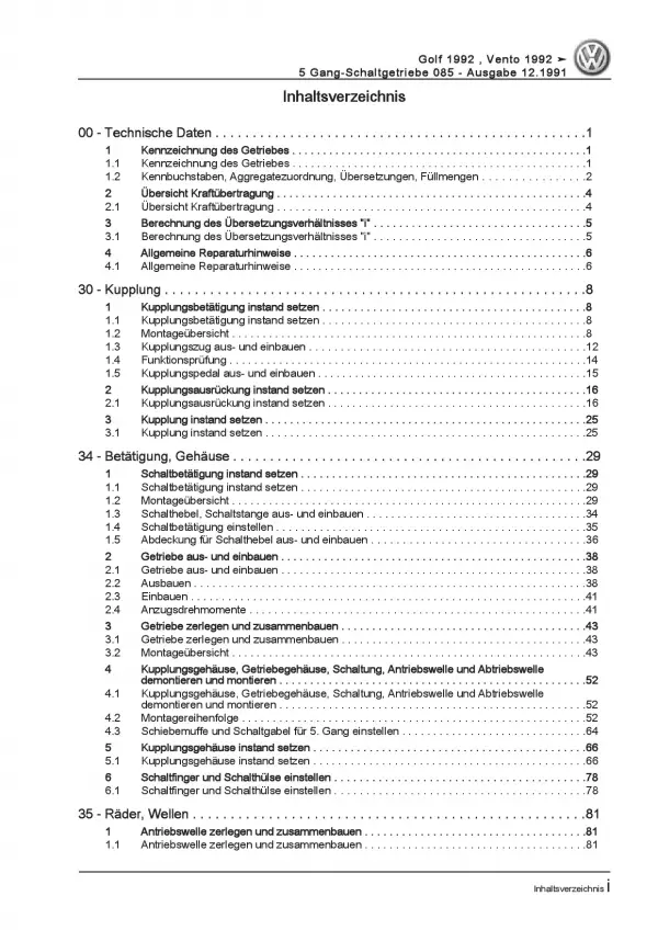 VW Golf 3 Cabrio 1E/1V (93-98) 5 Gang Schaltgetriebe 085 Reparaturanleitung PDF