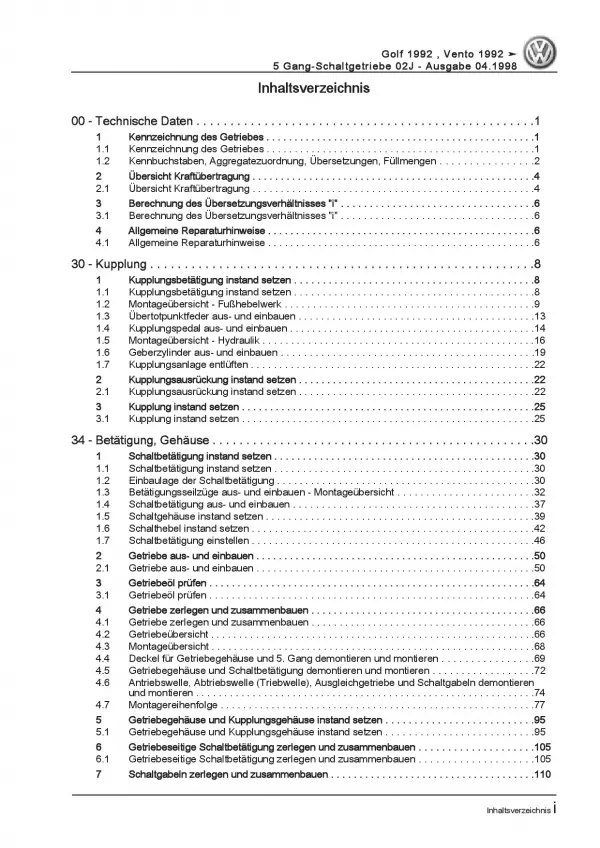 VW Golf 3 Cabrio 1E/1V (93-98) 5 Gang Schaltgetriebe 02J Reparaturanleitung PDF