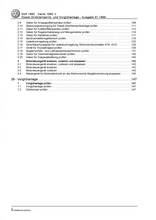 VW Golf 3 Cabrio Diesel-Direkteinspritz- Vorglühanlage Reparaturanleitung PDF