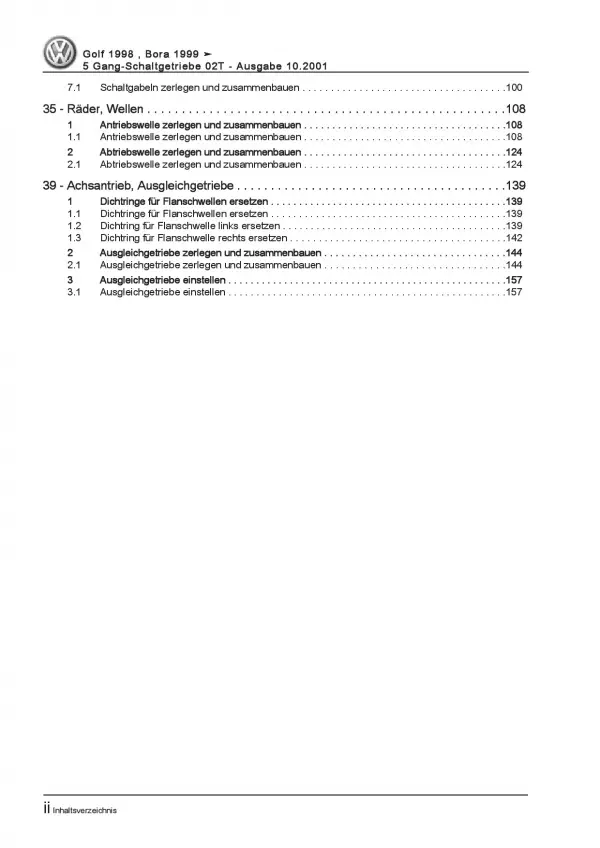 VW Golf 4 Variant 1997-2006 5 Gang Schaltgetriebe 02T Reparaturanleitung PDF