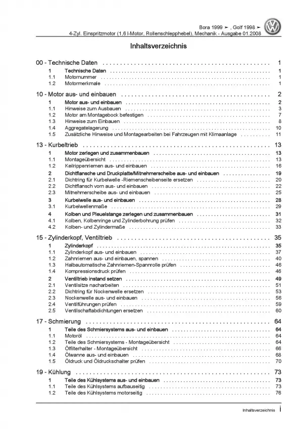 VW Golf 4 1J 1997-2006 Benzinmotor 1,6l 102 PS Mechanik Reparaturanleitung PDF