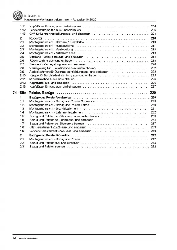 VW ID.3 Typ E11 ab 2019 Karosserie Montagearbeiten Innen Reparaturanleitung PDF