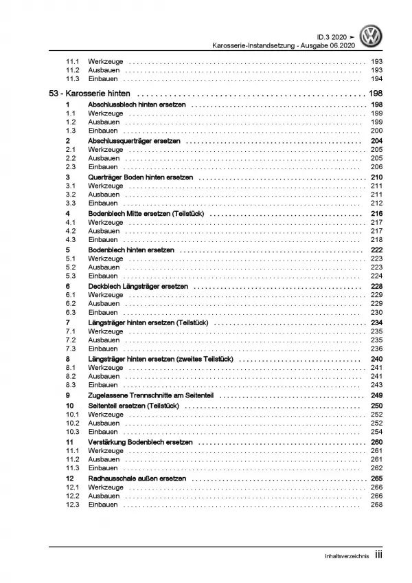 VW ID.3 Typ E11 ab 2019 Karosserie Unfall Instandsetzung Reparaturanleitung PDF