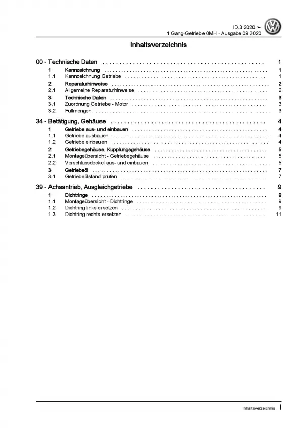 VW ID.3 Typ E11 ab 2019 1 Gang Automatikgetriebe 0MH Reparaturanleitung PDF