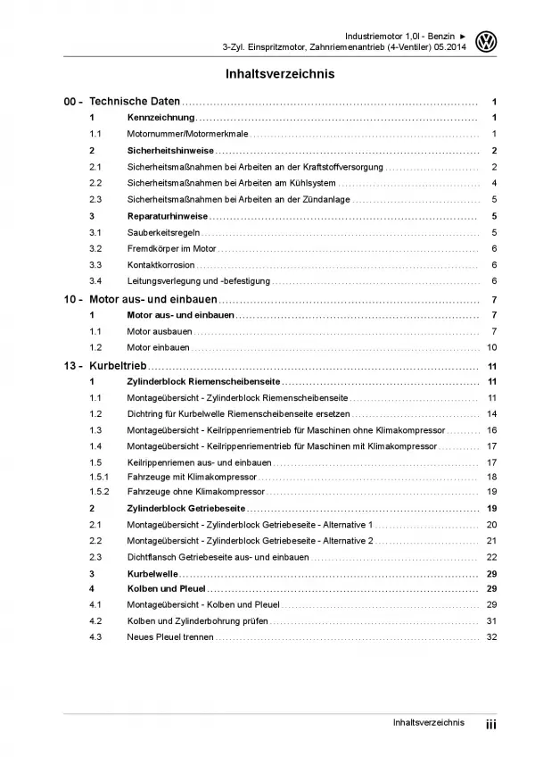 VW Industriemotoren Typ IM 3-Zyl. 1,0l Benzinmotor CZKA Reparaturanleitung PDF