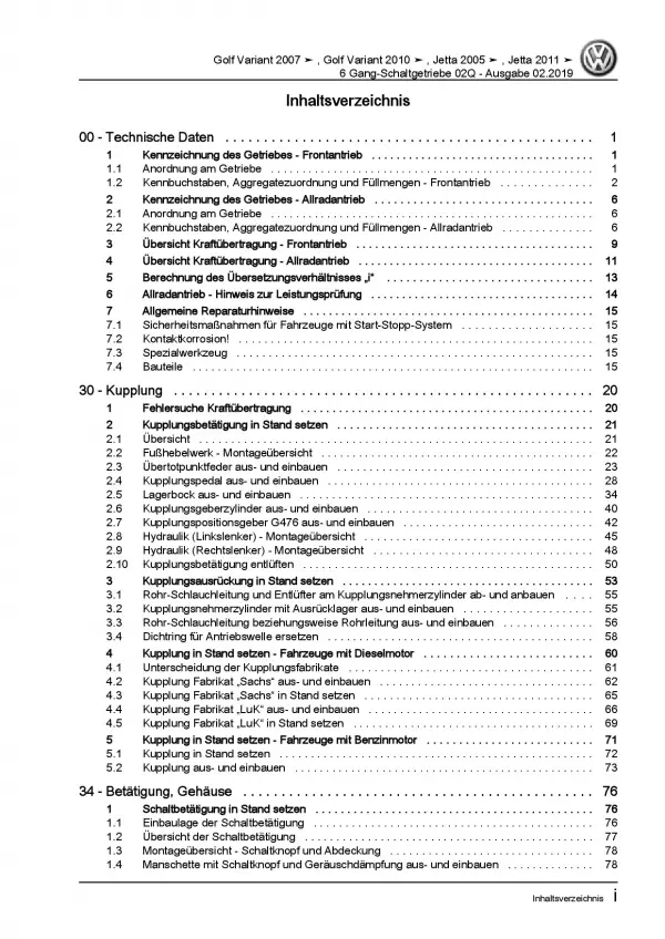 VW Jetta 5 1K (04-10) 6 Gang Schaltgetriebe Kupplung 02Q Reparaturanleitung PDF