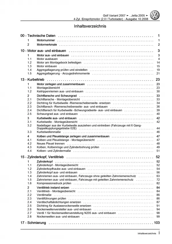 VW Jetta 5 Typ 1K (04-10) 4-Zyl. 2,0l Benzinmotor 200 PS Reparaturanleitung PDF