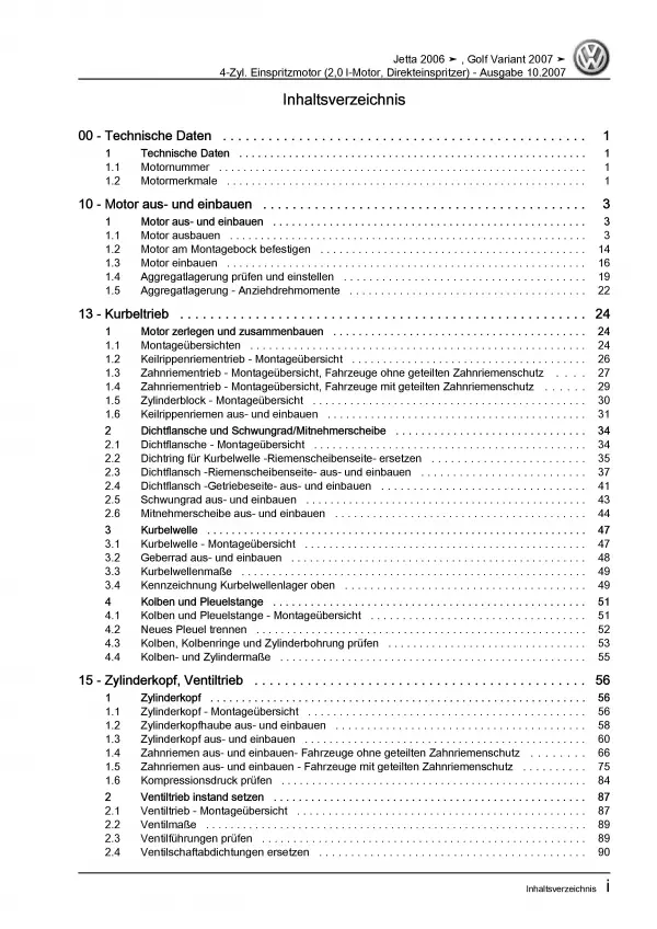 VW Jetta 5 Typ 1K (04-10) 4-Zyl. 2,0l 150 PS Benzinmotor Reparaturanleitung PDF