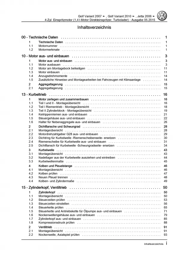 VW Jetta 5 Typ 1K (04-10) 4-Zyl. Benzinmotor 1,4l 122 PS Reparaturanleitung PDF