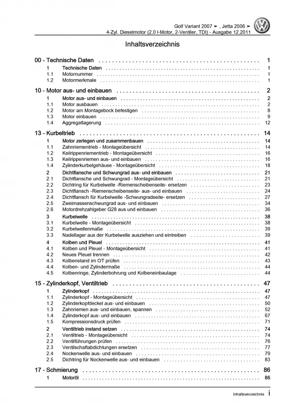 VW Jetta 5 1K (04-10) 4-Zyl. Dieselmotor TDI 2,0l 140 PS Reparaturanleitung PDF