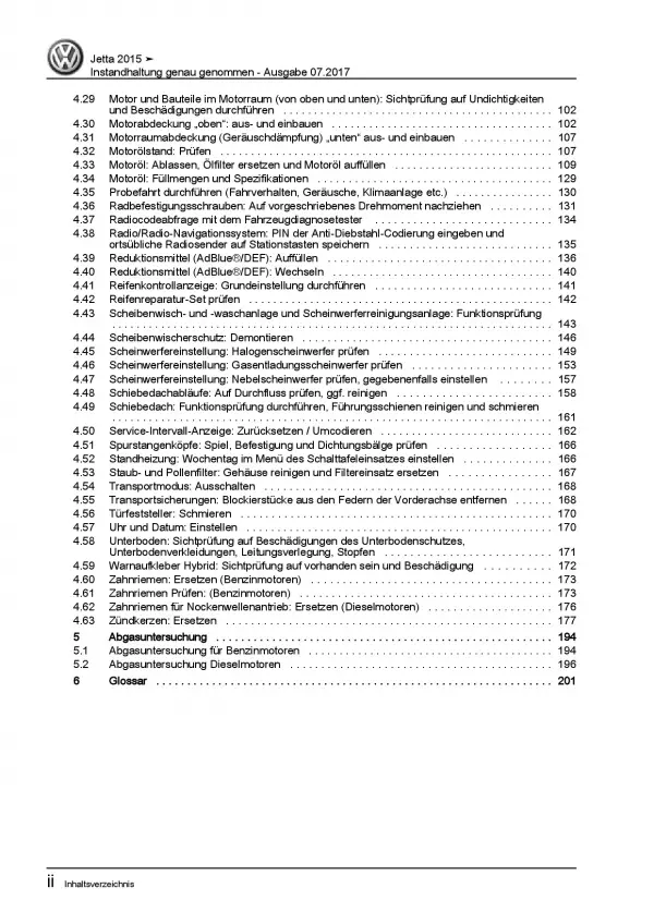 VW Jetta 6 AV 2014-2018 Instandhaltung Inspektion Wartung Reparaturanleitung PDF
