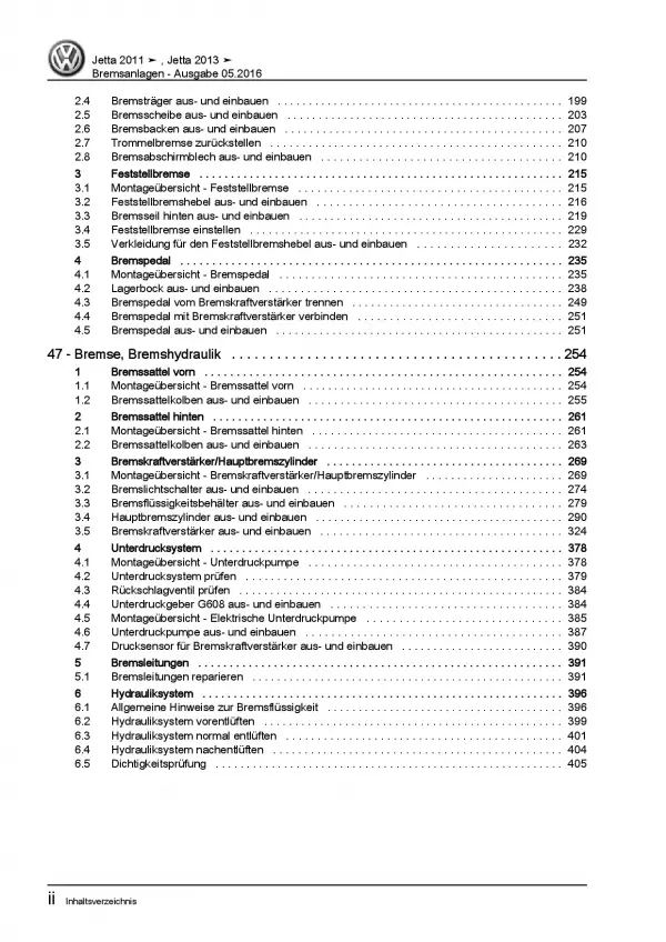 VW Jetta 6 Typ AV 2010-2014 Bremsanlagen Bremsen System Reparaturanleitung PDF