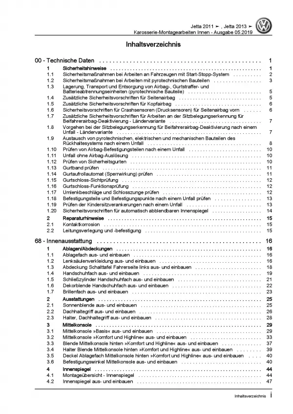 VW Jetta 6 AV 2010-2014 Karosserie Montagearbeiten Innen Reparaturanleitung PDF