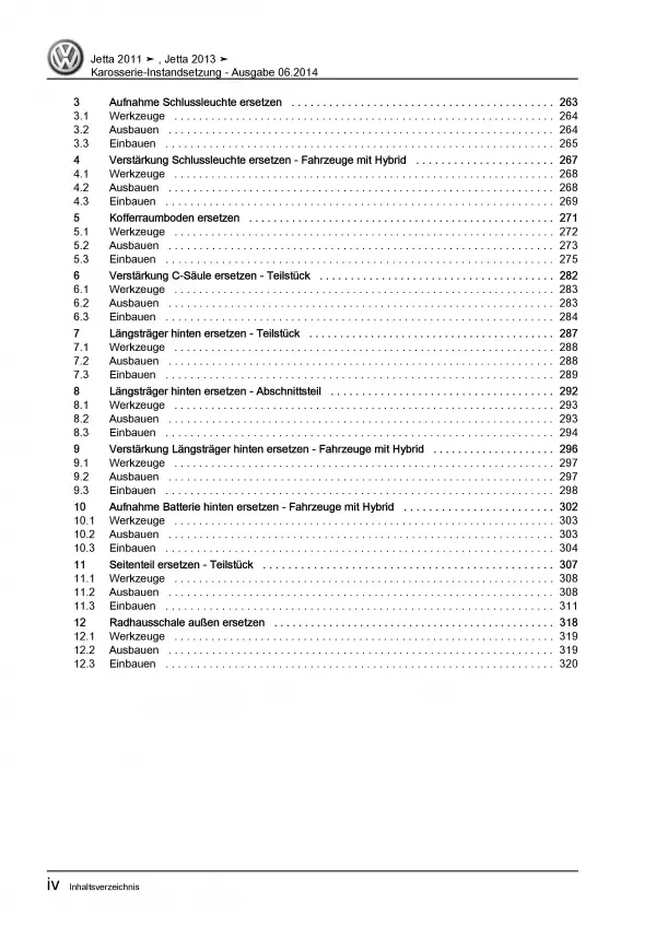 VW Jetta 6 AV 2010-2014 Karosserie Unfall Instandsetzung Reparaturanleitung PDF