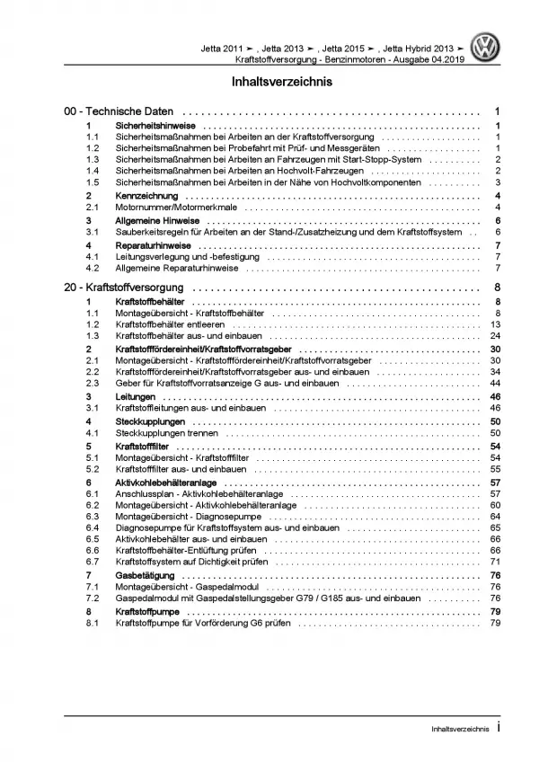 VW Jetta 6 AV (10-14) Kraftstoffversorgung Benzinmotoren Reparaturanleitung PDF