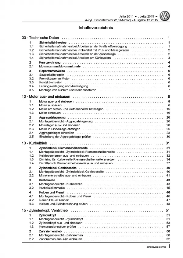 VW Jetta 6 Typ AV (10-14) 4-Zyl. 2,0l Benzinmotor 115 PS Reparaturanleitung PDF