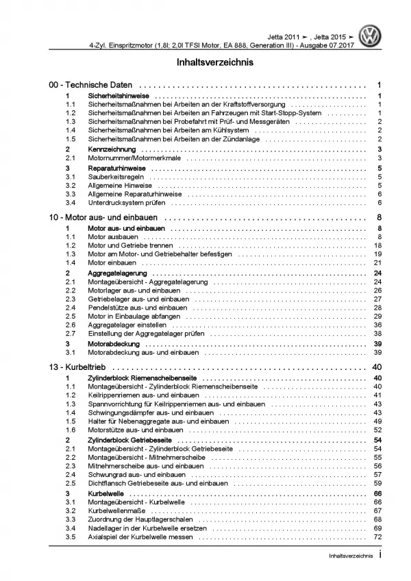 VW Jetta 6 AV (10-14) 1,8l 2,0l Benzinmotor 170-210 PS Reparaturanleitung PDF