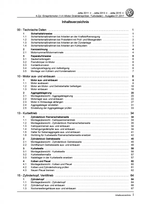 VW Jetta 6 Typ AV (10-14) 4-Zyl. 1,4l Benzinmotor 122 PS Reparaturanleitung PDF