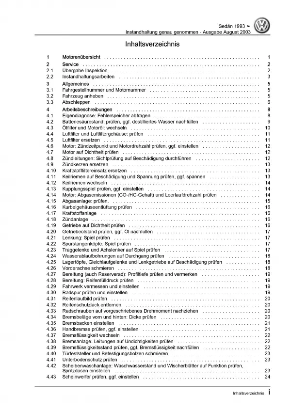 VW Käfer Sedan (91-04) Instandhaltung Inspektion Wartung Reparaturanleitung PDF