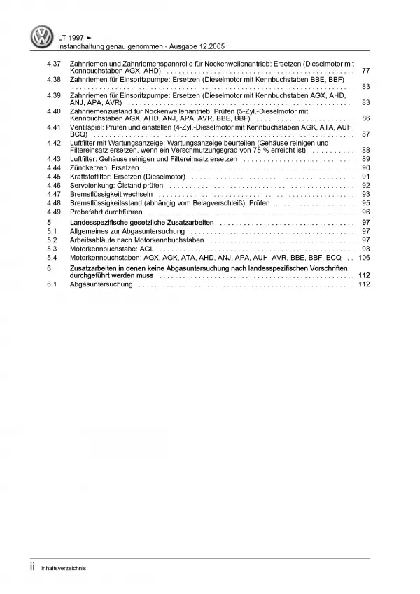 VW LT Typ 2D 1996-2006 Instandhaltung Inspektion Wartung Reparaturanleitung PDF