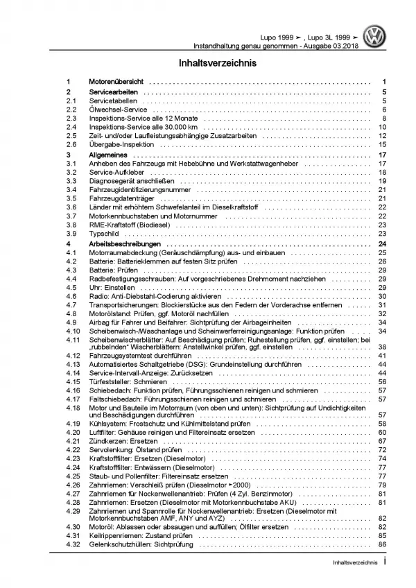 VW Lupo 3L 6E 1998-2006 Instandhaltung Inspektion Wartung Reparaturanleitung PDF