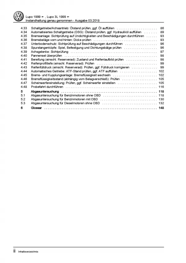 VW Lupo 3L 6E 1998-2006 Instandhaltung Inspektion Wartung Reparaturanleitung PDF