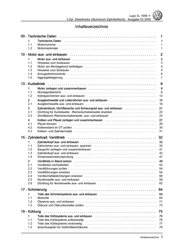 VW Lupo 3L 6E 1998-2006 3-Zyl. 1,4l Dieselmotor TDI 61 PS Reparaturanleitung PDF