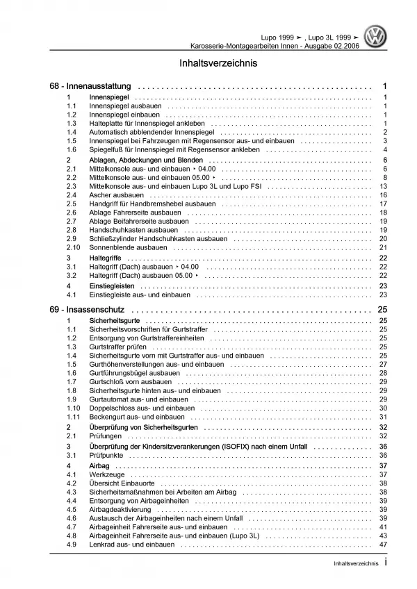 VW Lupo 6X 1998-2006 Karosserie Montagearbeiten Innen Reparaturanleitung PDF