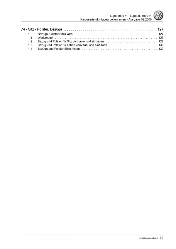 VW Lupo 6X 1998-2006 Karosserie Montagearbeiten Innen Reparaturanleitung PDF