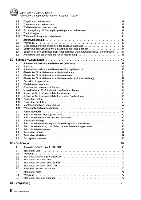 VW Lupo 6X 1998-2006 Karosserie Montagearbeiten Außen Reparaturanleitung PDF