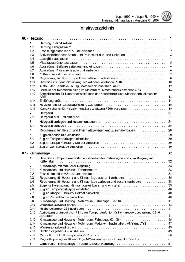 VW Lupo Typ 6X 1998-2006 Heizung Belüftung Klimaanlage Reparaturanleitung PDF