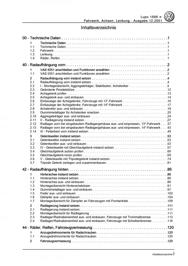 VW Lupo Typ 6X 1998-2006 Fahrwerk Achsen Lenkung Reparaturanleitung PDF