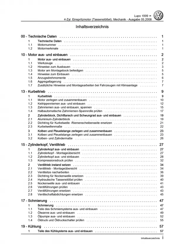 VW Lupo 6X (98-06) 4-Zyl. 1,0l Benzinmotor 50 PS Mechanik Reparaturanleitung PDF