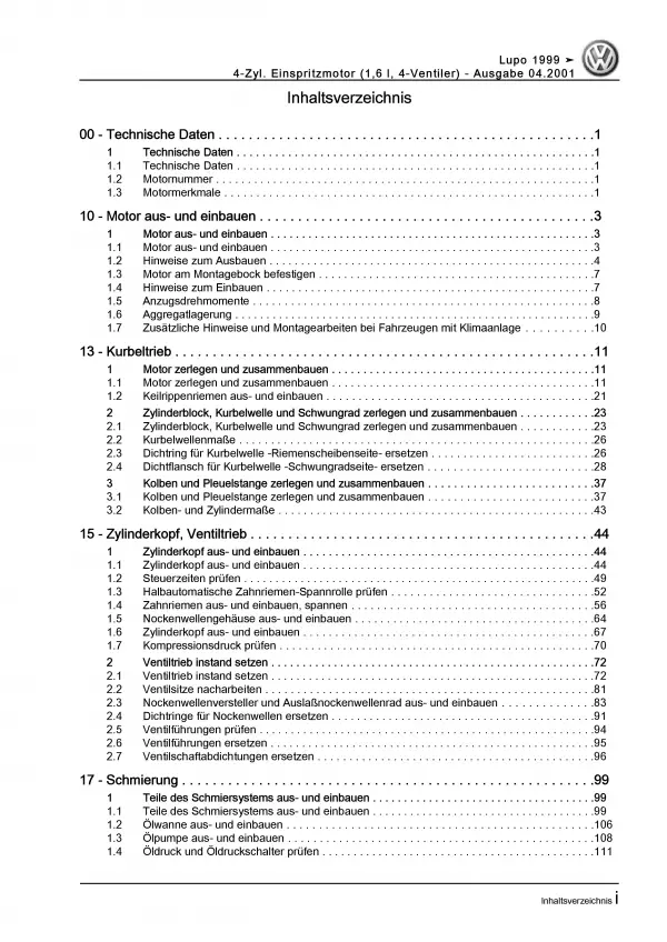 VW Lupo Typ 6X (98-06) 4-Zyl. 1,6l Benzinmotor 125 PS 4V Reparaturanleitung PDF