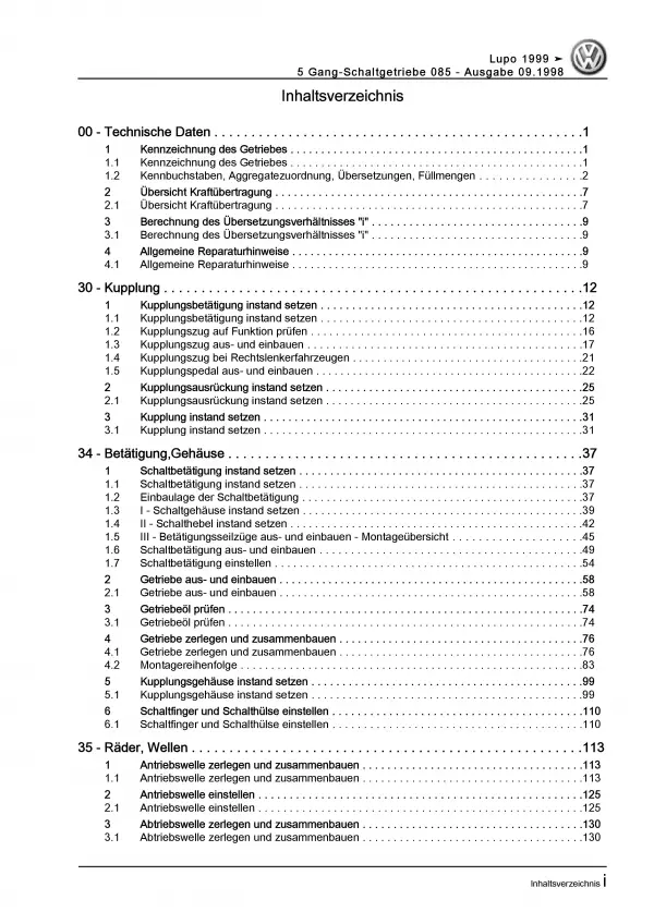 VW Lupo Typ 6X (98-06) 5 Gang Schaltgetriebe Kupplung 085 Reparaturanleitung PDF