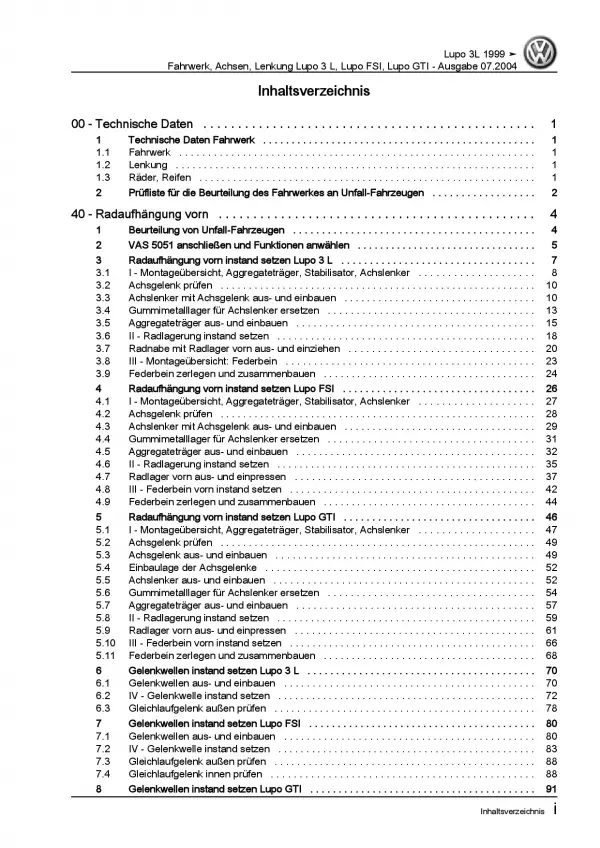 VW Lupo GTI 1998-2006 Fahrwerk Achsen Lenkung Reparaturanleitung PDF