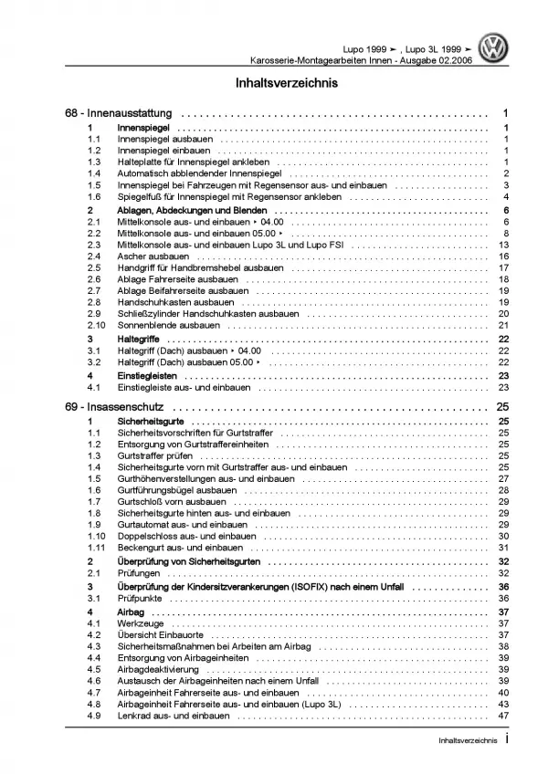 VW Lupo GTI 1998-2006 Karosserie Montagearbeiten Innen Reparaturanleitung PDF