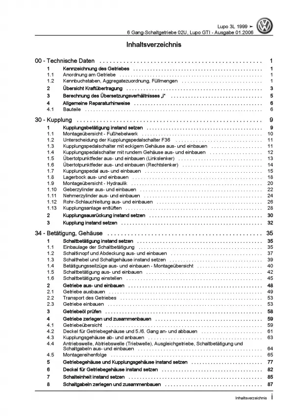 VW Lupo GTI 1998-2006 6 Gang Schaltgetriebe 02U Kupplung Reparaturanleitung PDF