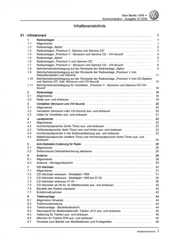 VW New Beetle Typ 9C (97-10) Radio Navigation Kommunikation Reparaturanleitung