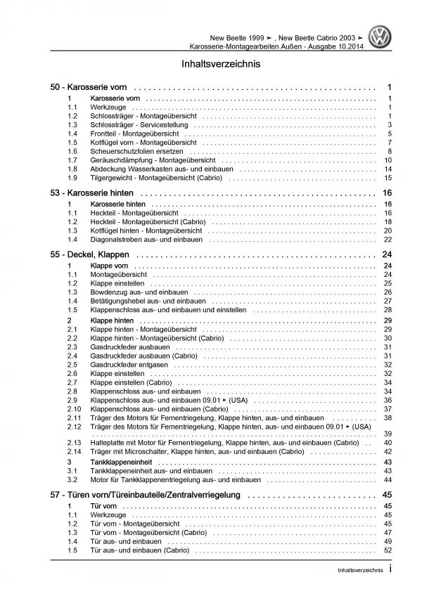 VW New Beetle 9C (97-10) Karosserie Montagearbeiten Außen Reparaturanleitung PDF