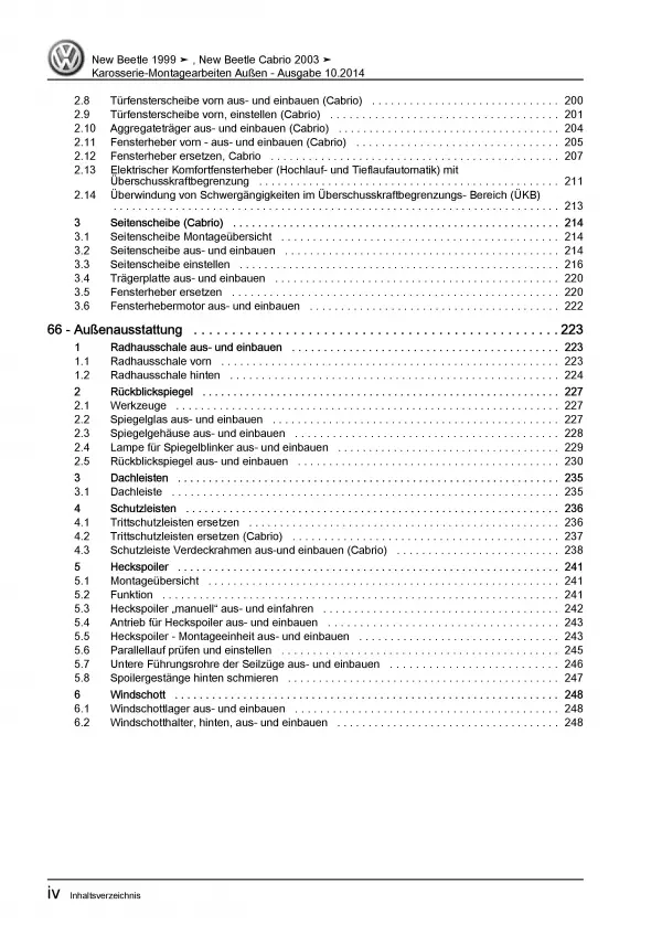 VW New Beetle 9C (97-10) Karosserie Montagearbeiten Außen Reparaturanleitung PDF